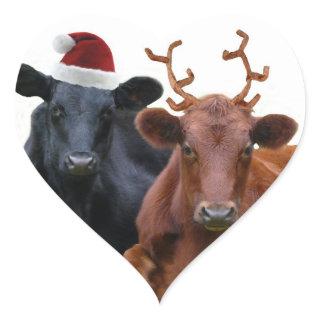 Christmas Holiday Cows in Santa Hat and Antlers Heart Sticker