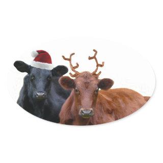 Christmas Holiday Cows in Santa Hat and Antlers Oval Sticker