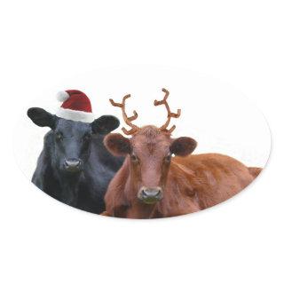 Christmas Holiday Cows in Santa Hat and Antlers Oval Sticker