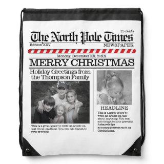 Christmas Holiday Funny Whimsical Newspaper Cute Drawstring Bag