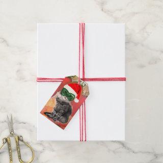 Christmas holiday Santa hat cat and snowflakes Gift Tags