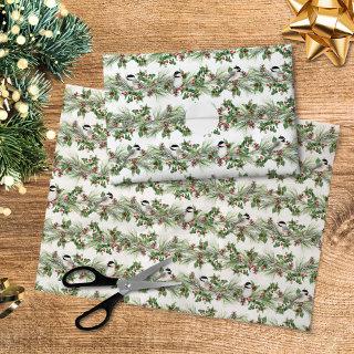Christmas Holly and Pine Chickadees Decoupage Tissue Paper