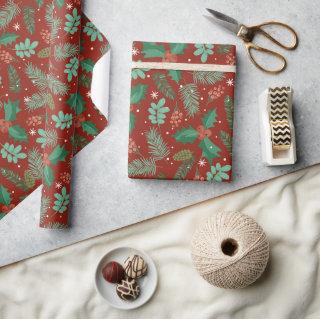 Christmas holly and pinecones seamless pattern