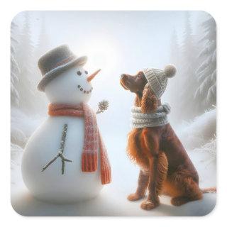 Christmas Irish Setter With Snowman Square Sticker