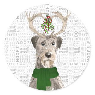 Christmas Irish Wolfhound and Woof Art Dog Lover Classic Round Sticker