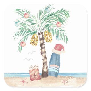 Christmas Island Palm Surf Santa Tropical Beach  Square Sticker