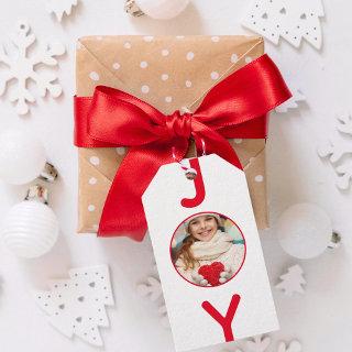 Christmas joy photo white red modern minimalist gift tags