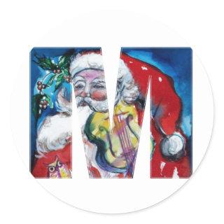 CHRISTMAS M LETTER  / SANTA WITH VIOLIN MONOGRAM CLASSIC ROUND STICKER