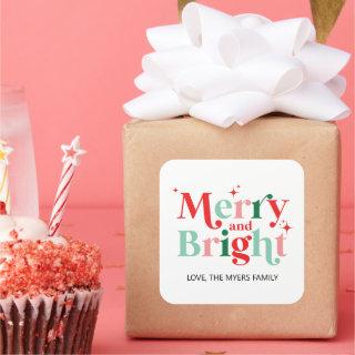 christmas merry and bright pink red gift square sticker