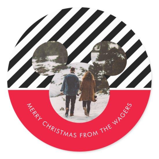 Christmas Mickey Mouse Red & Black Family Photo Cl Classic Round Sticker