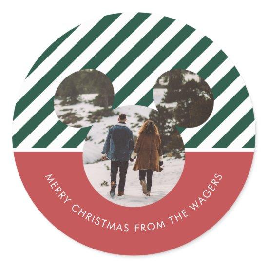Christmas Mickey Mouse Red & Green Family Photo Classic Round Sticker