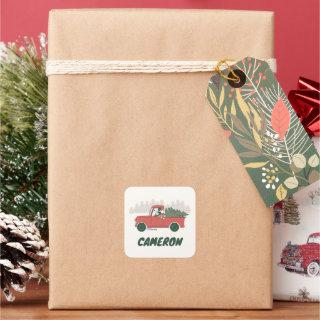 Christmas Mickey Mouse Vintage Truck | Add Name Square Sticker