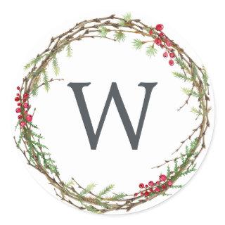 Christmas Monogram Winter Greenery Wreath Berries Classic Round Sticker