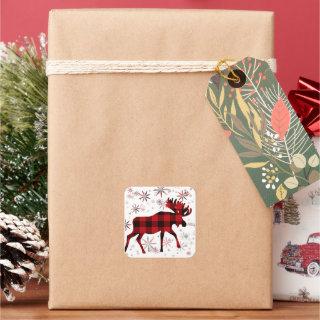 Christmas Moose red plaids snowflakes Square Sticker