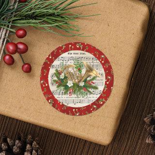 Christmas Music Notes French Horn Red Classic Round Sticker
