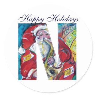 CHRISTMAS N LETTER / INSPIRED SANTA MONOGRAM CLASSIC ROUND STICKER