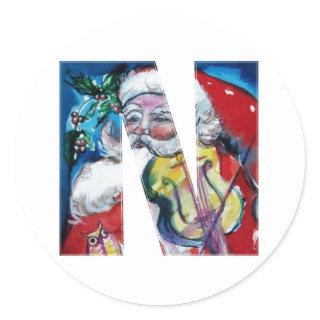 CHRISTMAS N LETTER  / SANTA WITH VIOLIN MONOGRAM CLASSIC ROUND STICKER