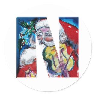 CHRISTMAS N LETTER  / SANTA WITH VIOLIN MONOGRAM CLASSIC ROUND STICKER