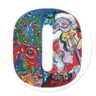 CHRISTMAS O LETTER  / SANTA WITH VIOLIN MONOGRAM CLASSIC ROUND STICKER