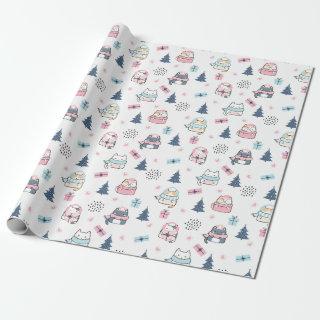 Christmas Pattern Of Funny Cats, Gifts, Snow