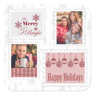 Christmas Photo Postage Stamps Red Grey Square Sticker