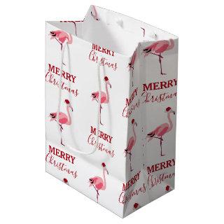 Christmas Pink Flamingo Bird with Santa Hat Medium Gift Bag