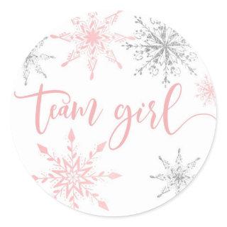 Christmas pink silver snowflakes team girl  classic round sticker