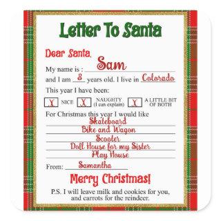 Christmas Plaid Letter to Santa Claus  Square Sticker