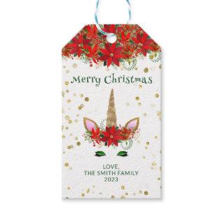 Christmas Poinsettia Unicorn with Green Font Party Gift Tags