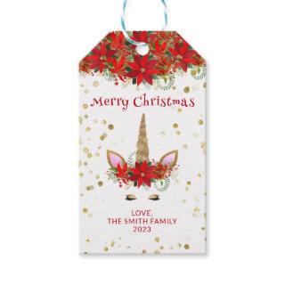 Christmas Poinsettia Unicorn with Red Font Party Gift Tags