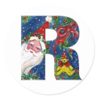 CHRISTMAS R LETTER / SANTA CLAUS WITH RED RIBBON CLASSIC ROUND STICKER
