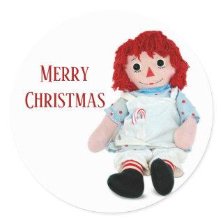 Christmas Rag Doll With Candy Cane Classic Round Sticker