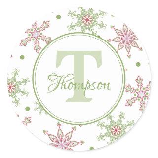 Christmas Red and Green Holiday Snowflake Monogram Classic Round Sticker
