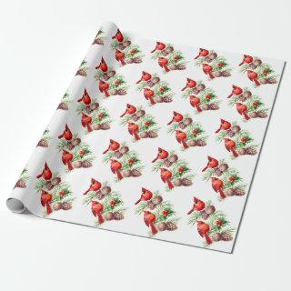 Christmas Red Cardinal Birds Holly Berry Branch