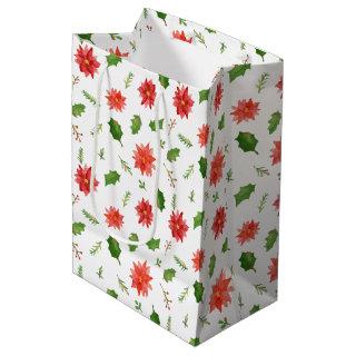 Christmas Red Poinsettia Floral Holiday Pattern  Medium Gift Bag