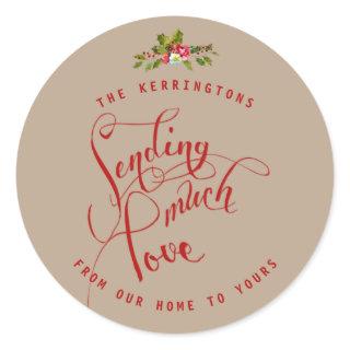 Christmas Red Sending Much Love Holly Holiday Classic Round Sticker