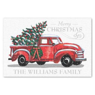Christmas Red Vintage Truck Family Name Tissue Paper