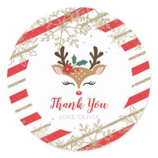 Christmas Reindeer Birthday Gold Snowflakes Stripe Classic Round Sticker