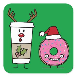Christmas Reindeer Coffee and Santa Donut Square Sticker