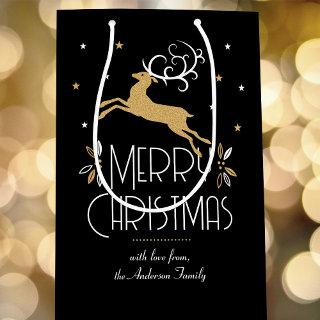 Christmas Reindeer Custom Name Black Gold Medium Gift Bag