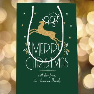 Christmas Reindeer Custom Name Green Gold Medium Gift Bag