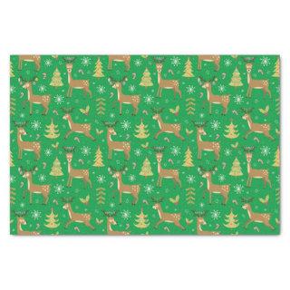 Christmas Reindeer Playing Under Xmas Trees Green Tissue Paper
