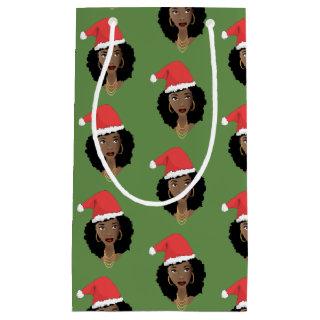 Christmas Santa Hat, Black Woman, Green Small Gift Bag