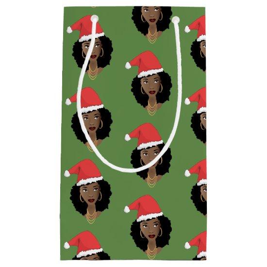 Christmas Santa Hat, Black Woman, Green Small Gift Bag