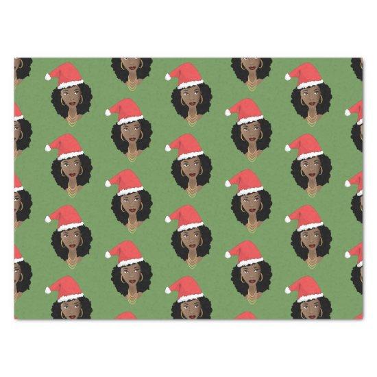 Christmas Santa Hat, Black Woman, Green Tissue Paper