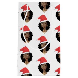 Christmas Santa Hat, Black Woman, Natural Hair Small Gift Bag