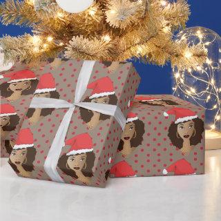 Christmas Santa Hat, Black Woman, Red Dots, Brown
