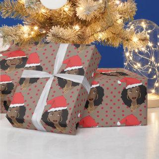 Christmas Santa Hat, Black Woman, Red Dots, Brown