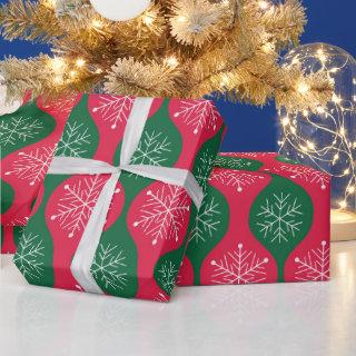 Christmas Snowflakes on Retro Green Red Ogee