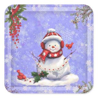 Christmas Snowman on Blue with Snowflakes  Square Sticker